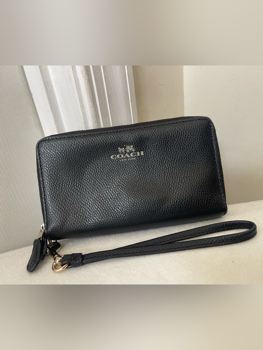 Coach Black Pebbled Leather Double Zip Wristlet with Detachable Strap